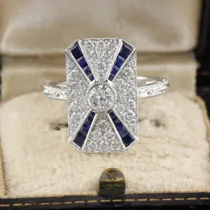 Art Deco Inspired 18K White Gold Sapphire & Diamond Ring