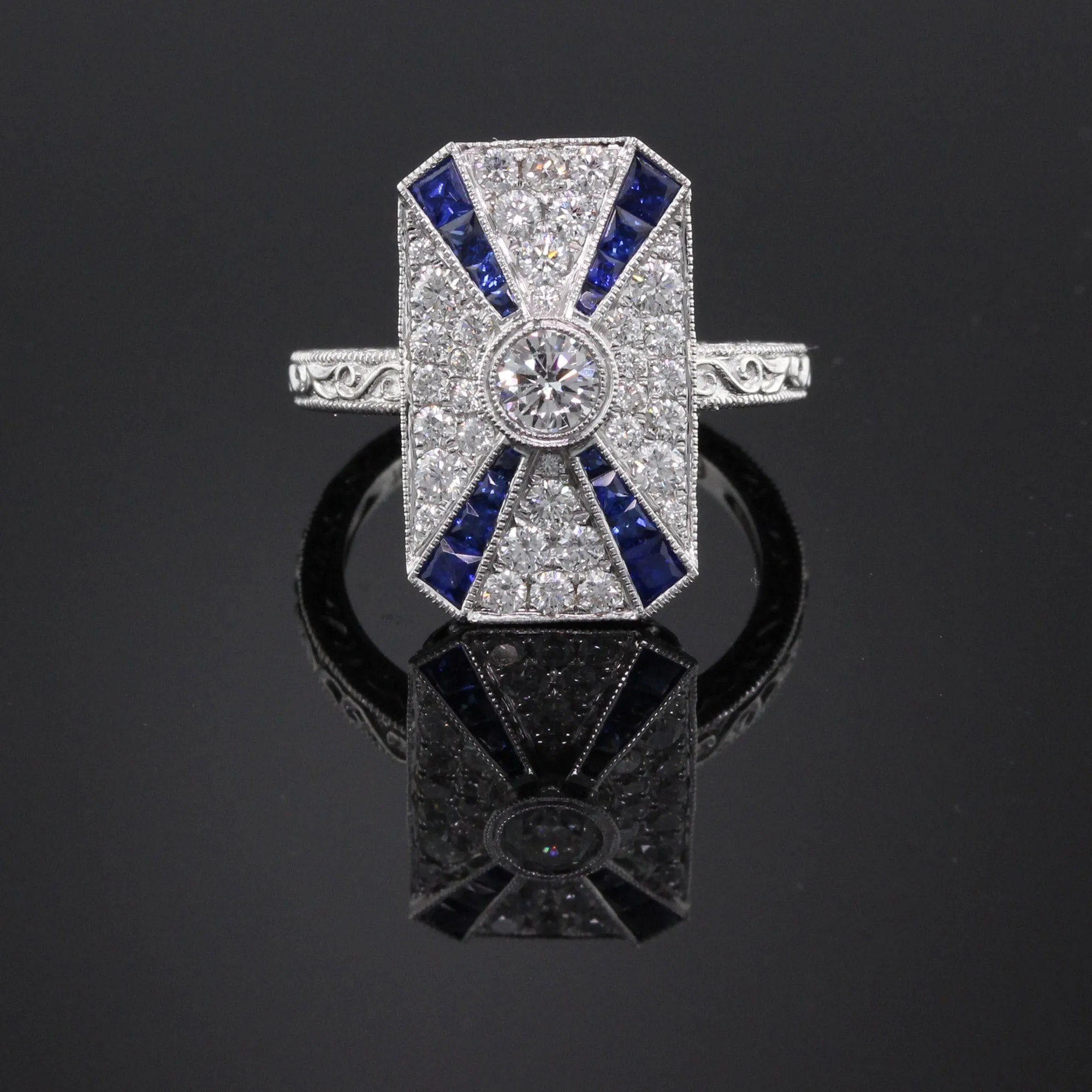 Art Deco Inspired 18K White Gold Sapphire & Diamond Ring
