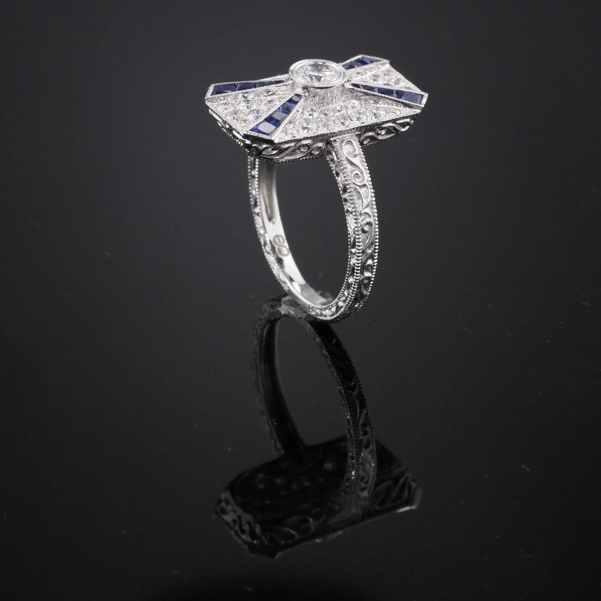 Art Deco Inspired 18K White Gold Sapphire & Diamond Ring