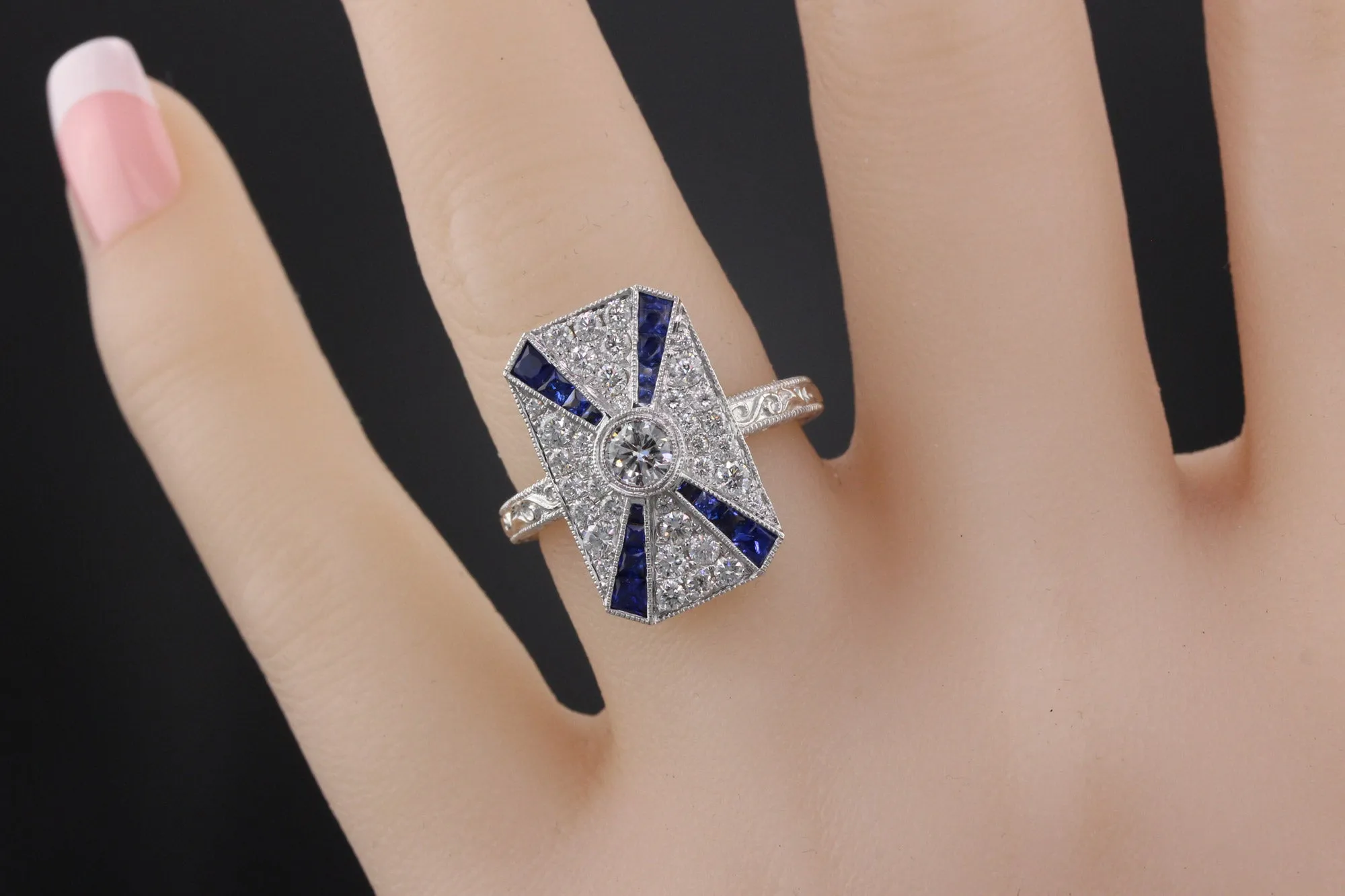Art Deco Inspired 18K White Gold Sapphire & Diamond Ring