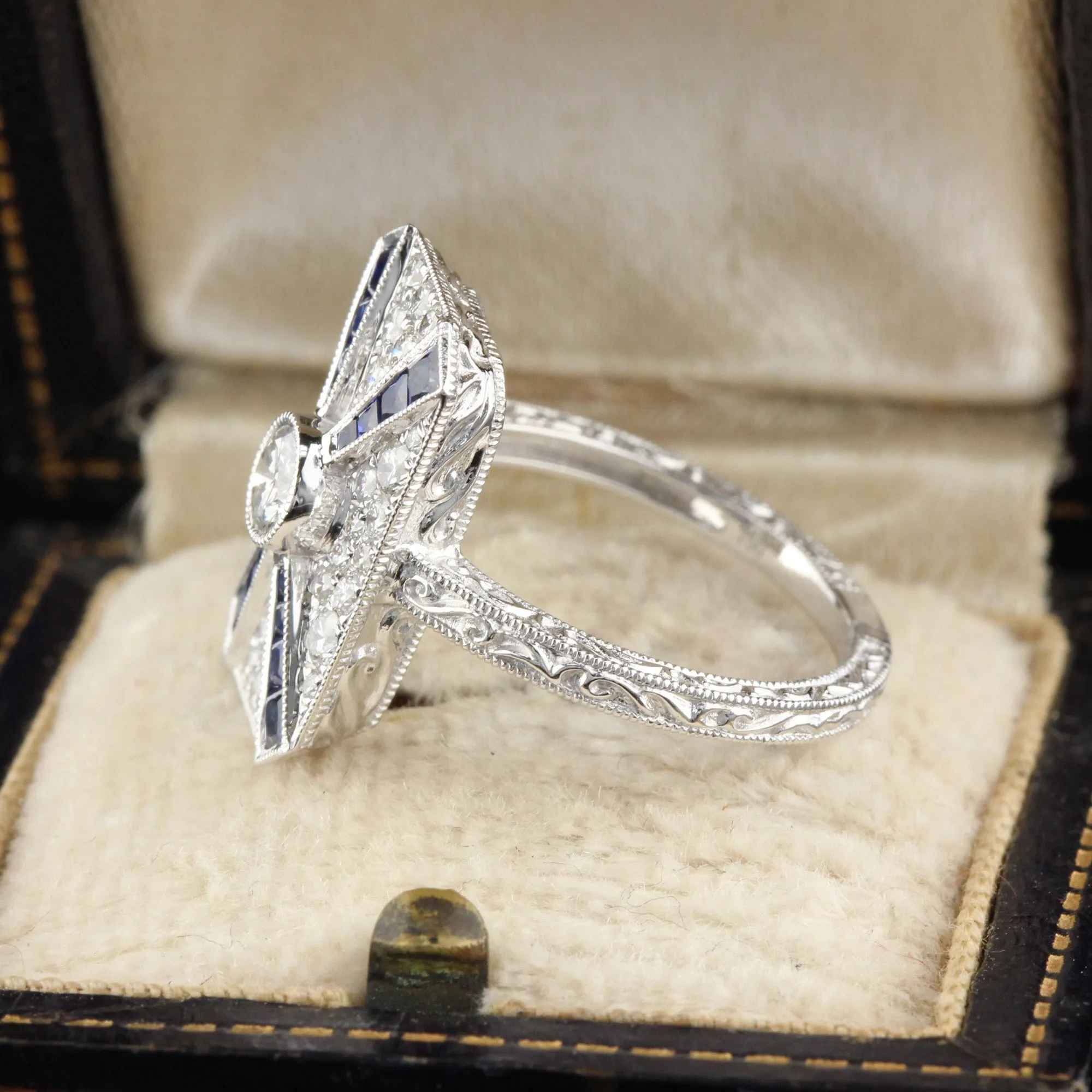 Art Deco Inspired 18K White Gold Sapphire & Diamond Ring