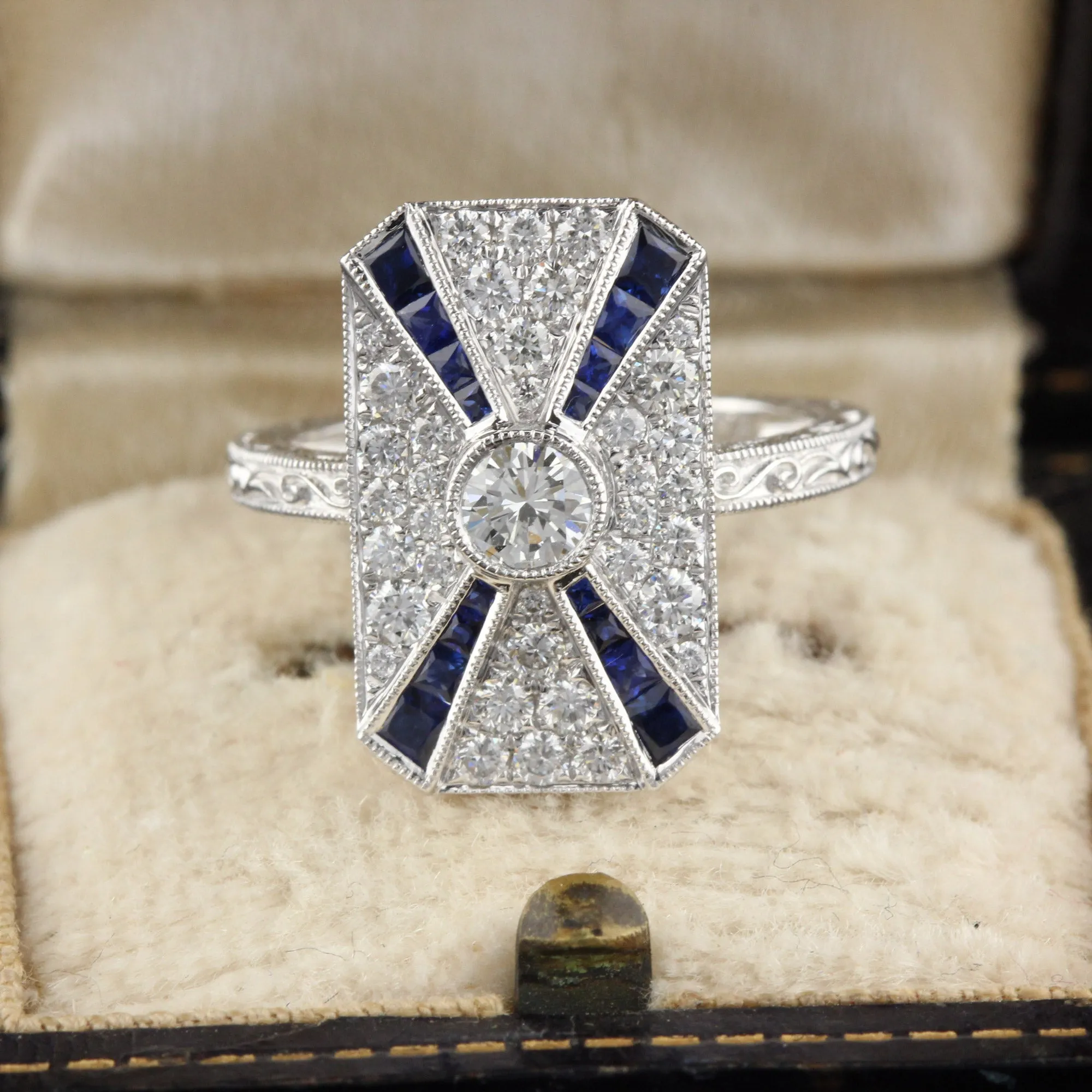 Art Deco Inspired 18K White Gold Sapphire & Diamond Ring