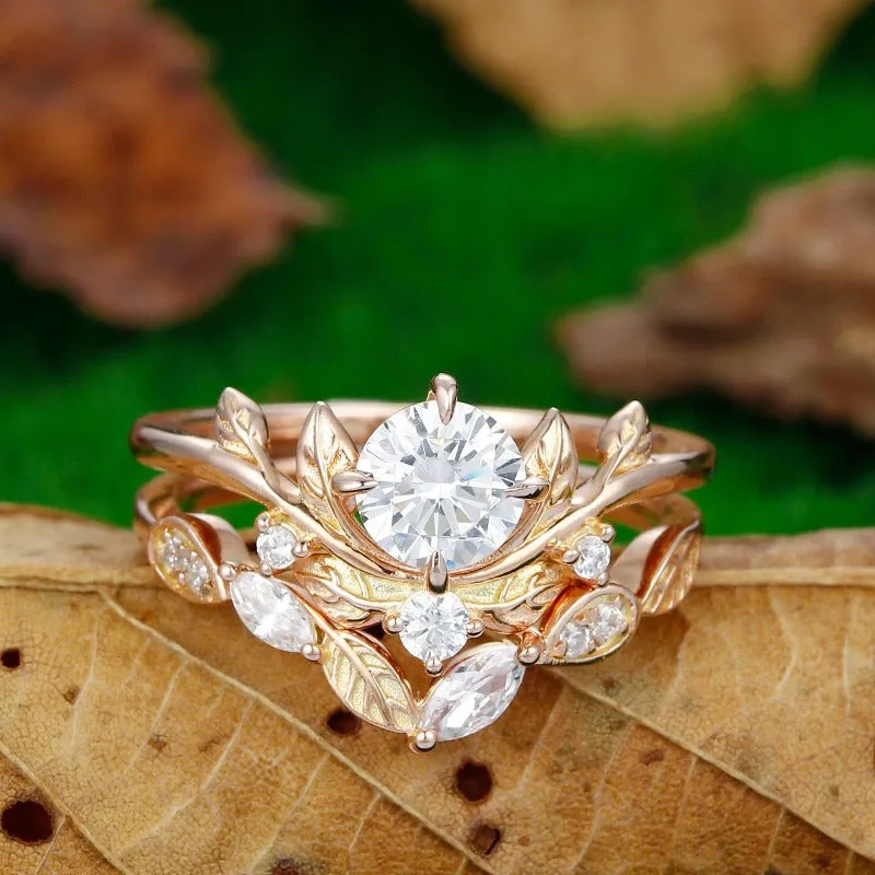 Art Deco Round Shaped  0.8CT   Moissanite  Leaf Curved Engagement Ring Set