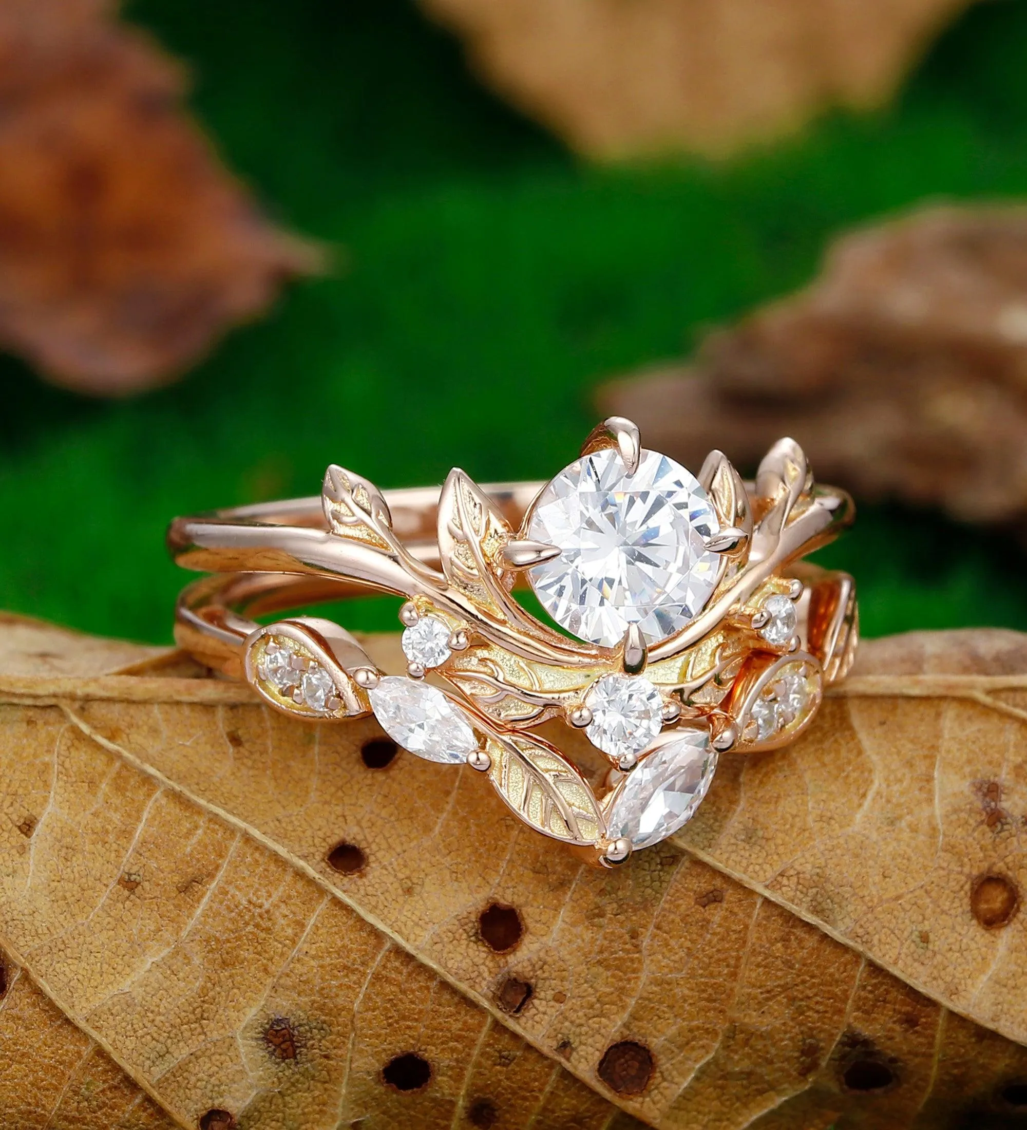 Art Deco Round Shaped  0.8CT   Moissanite  Leaf Curved Engagement Ring Set