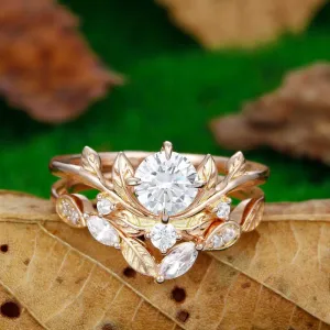 Art Deco Round Shaped  0.8CT   Moissanite  Leaf Curved Engagement Ring Set