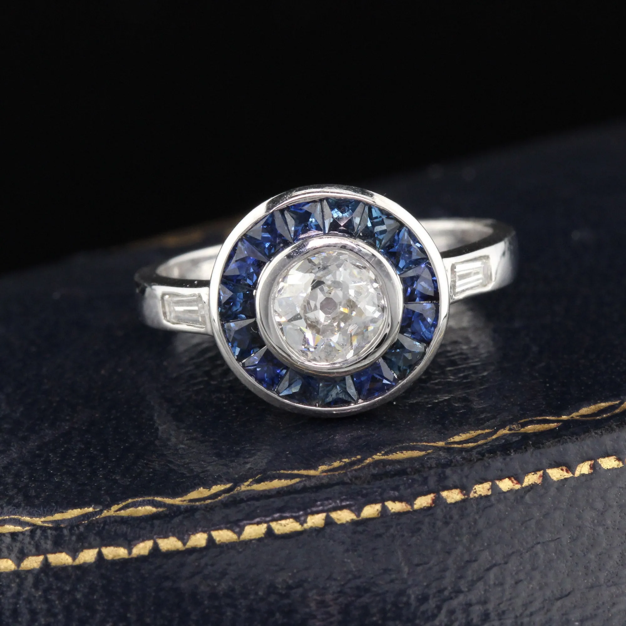 Art Deco Style 18K White Gold Diamond and Sapphire Ring