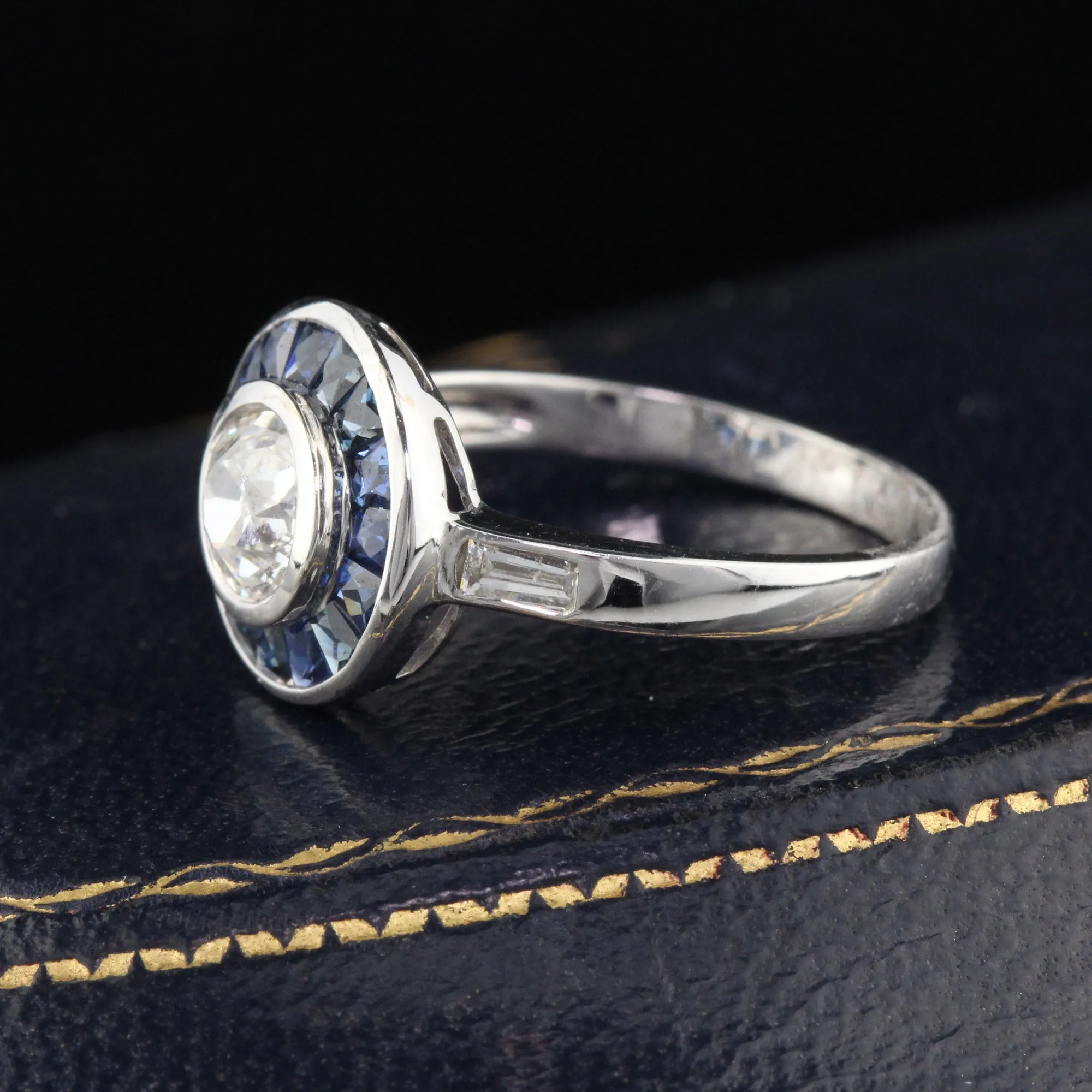 Art Deco Style 18K White Gold Diamond and Sapphire Ring