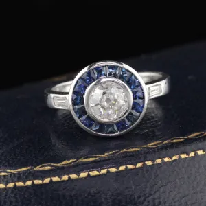 Art Deco Style 18K White Gold Diamond and Sapphire Ring
