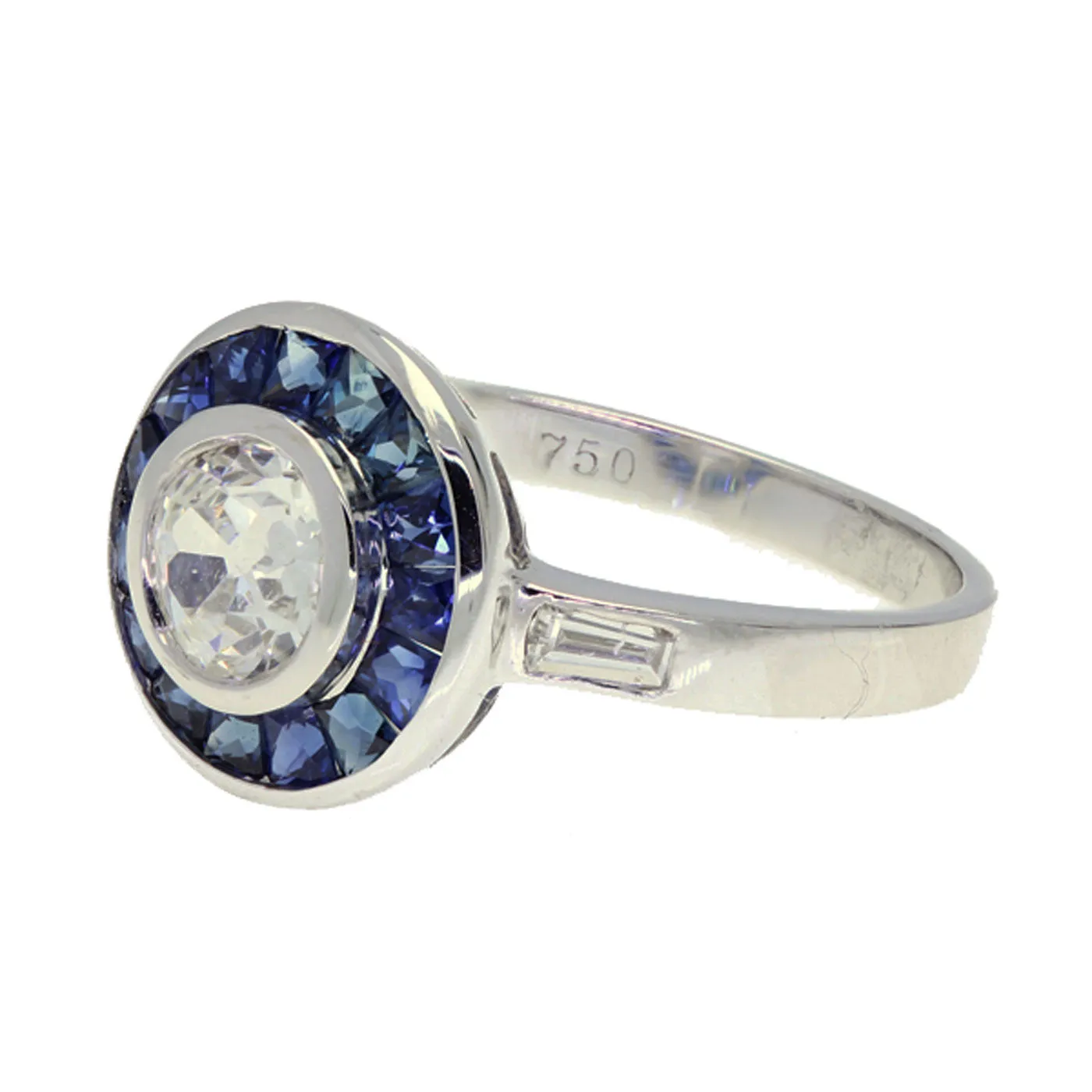Art Deco Style 18K White Gold Diamond and Sapphire Ring