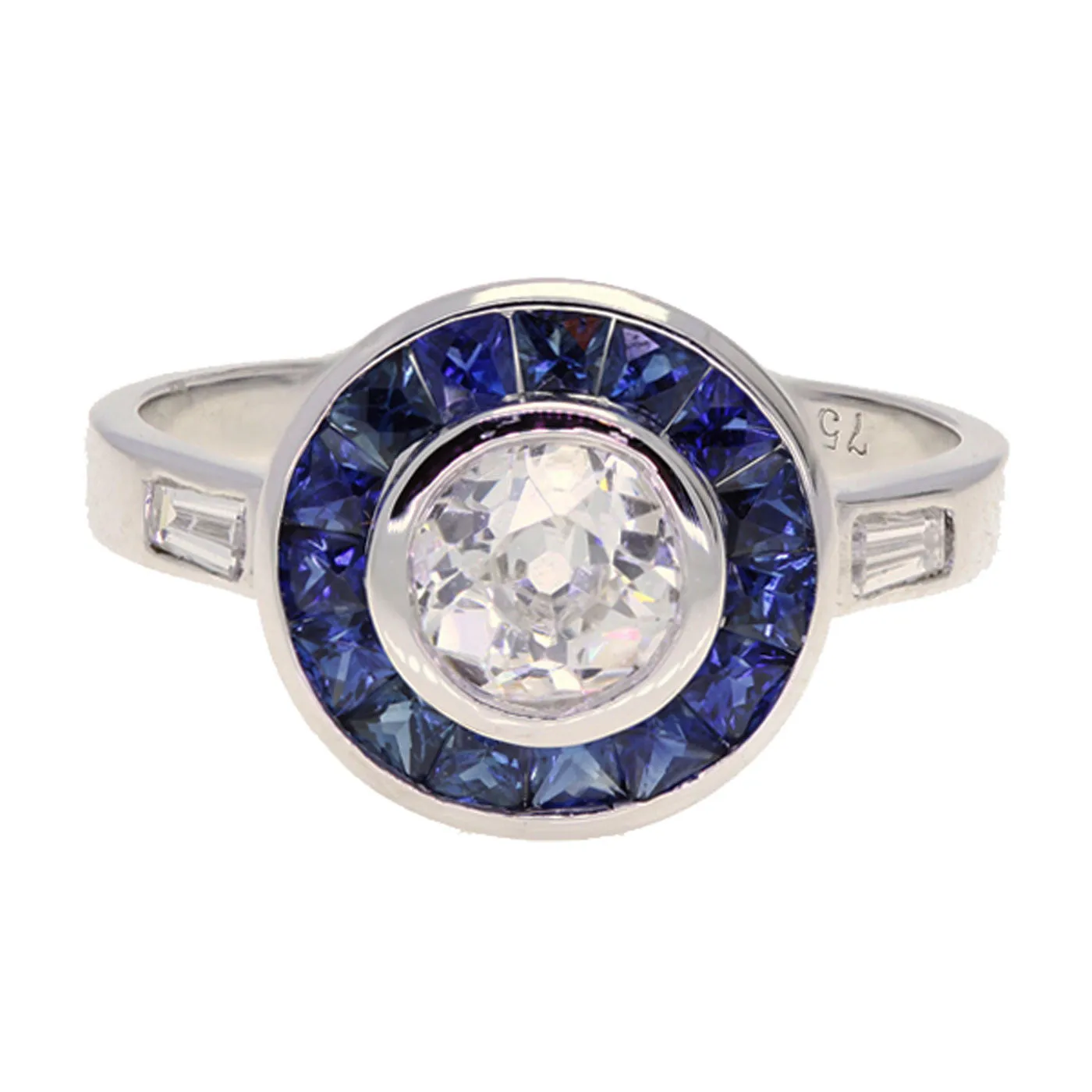 Art Deco Style 18K White Gold Diamond and Sapphire Ring