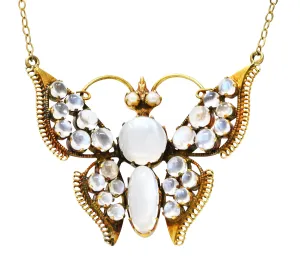 Art Nouveau Moonstone Pearl 14 Karat Yellow Gold Butterfly Station Antique Necklace