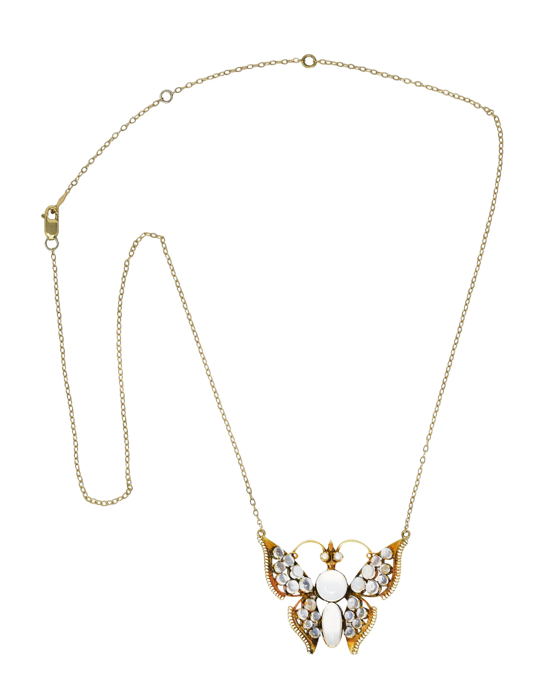 Art Nouveau Moonstone Pearl 14 Karat Yellow Gold Butterfly Station Antique Necklace