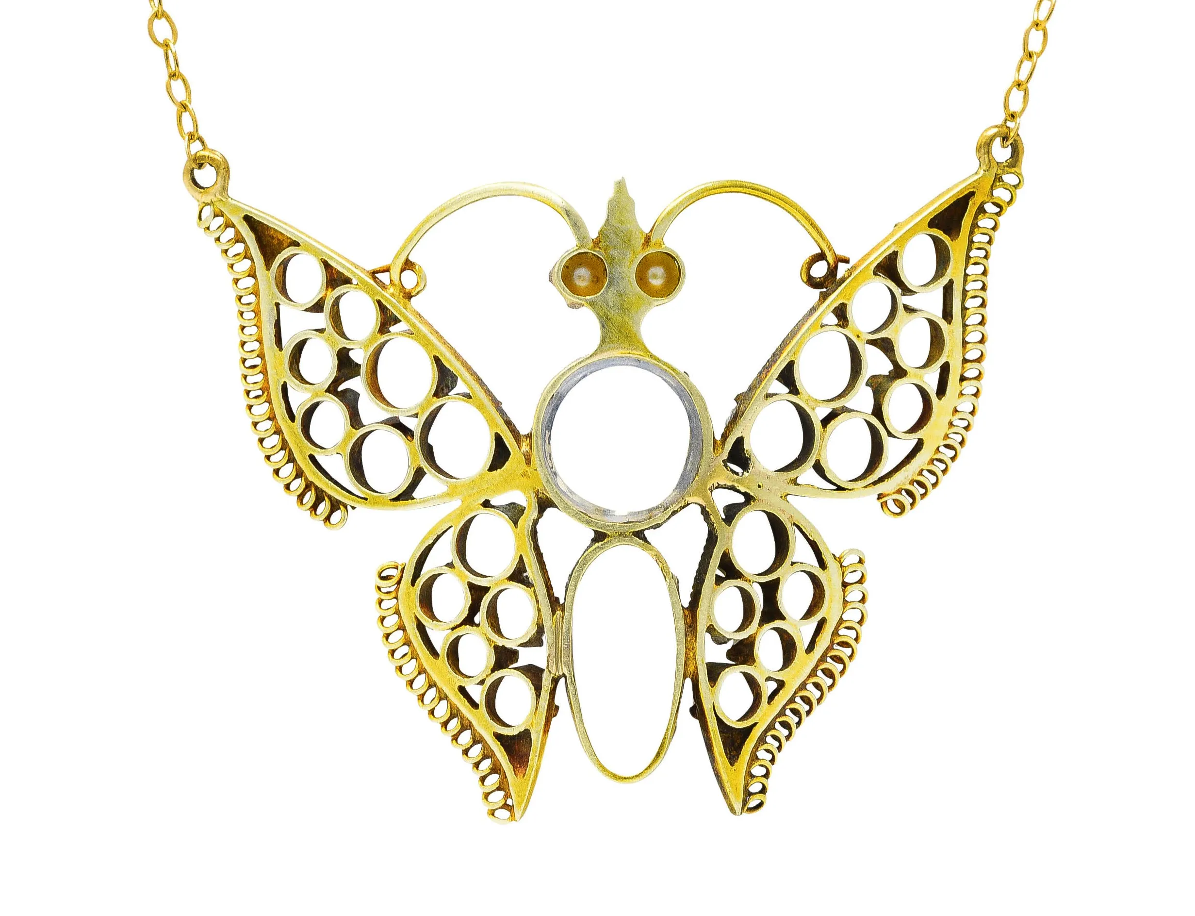 Art Nouveau Moonstone Pearl 14 Karat Yellow Gold Butterfly Station Antique Necklace