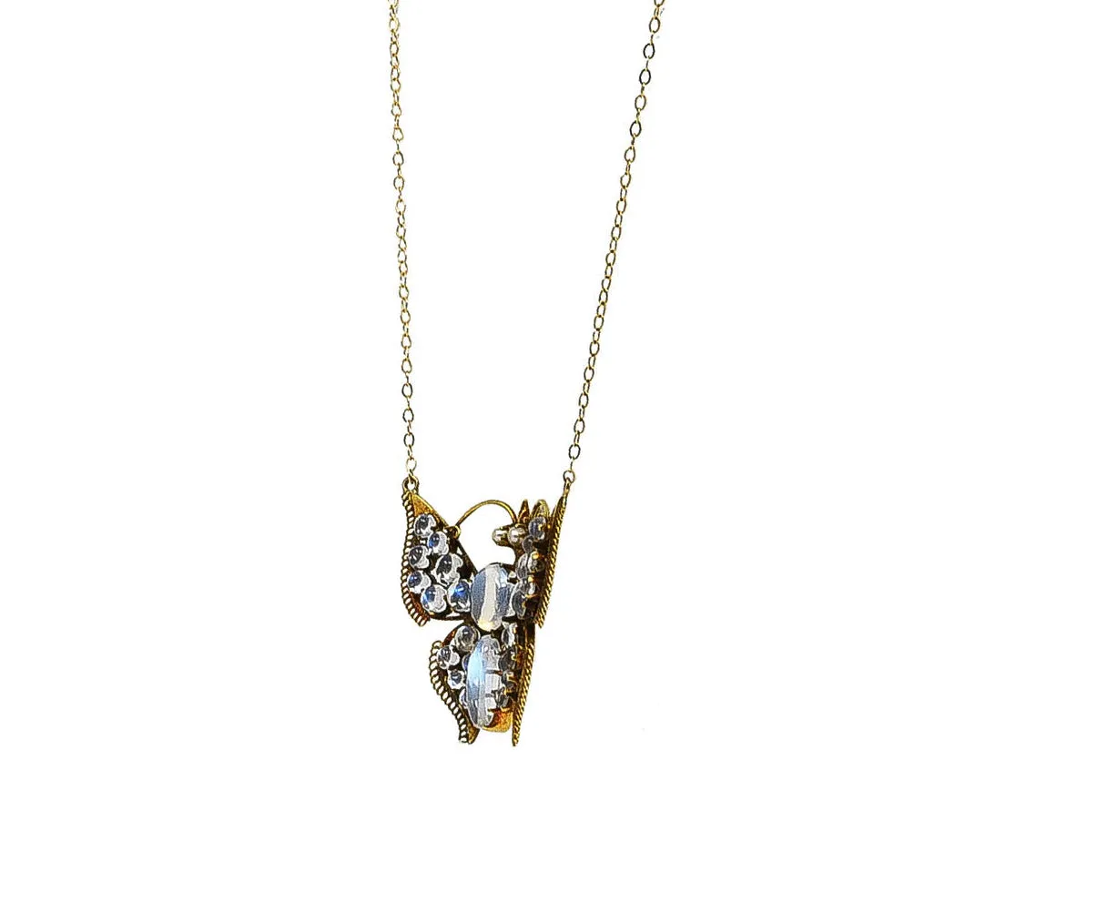 Art Nouveau Moonstone Pearl 14 Karat Yellow Gold Butterfly Station Antique Necklace