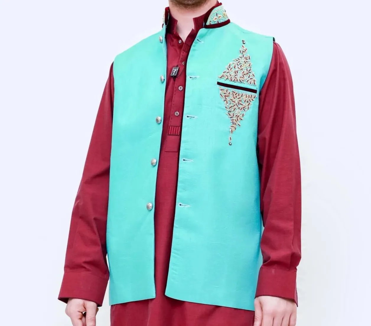Azure - Blue Silk Embroidered Vest