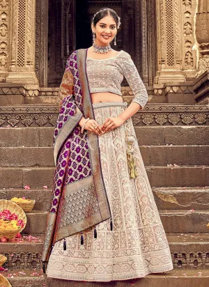 Beige And Purple Embroidery Georgette Lehenga Choli