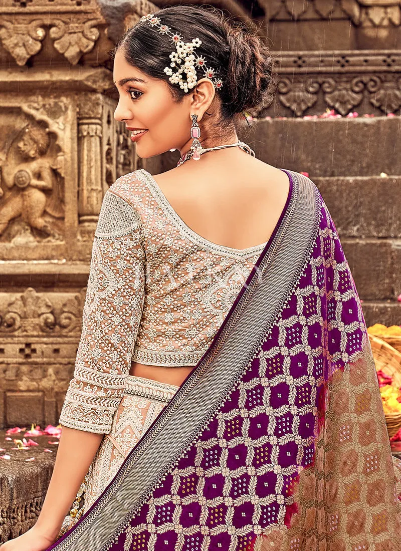 Beige And Purple Embroidery Georgette Lehenga Choli