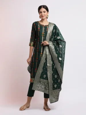 Beige Art Silk Embroidered Kurta Set With Dupatta