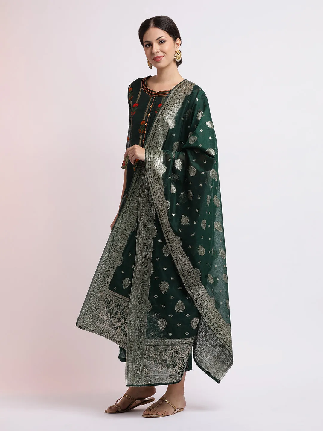Beige Art Silk Embroidered Kurta Set With Dupatta