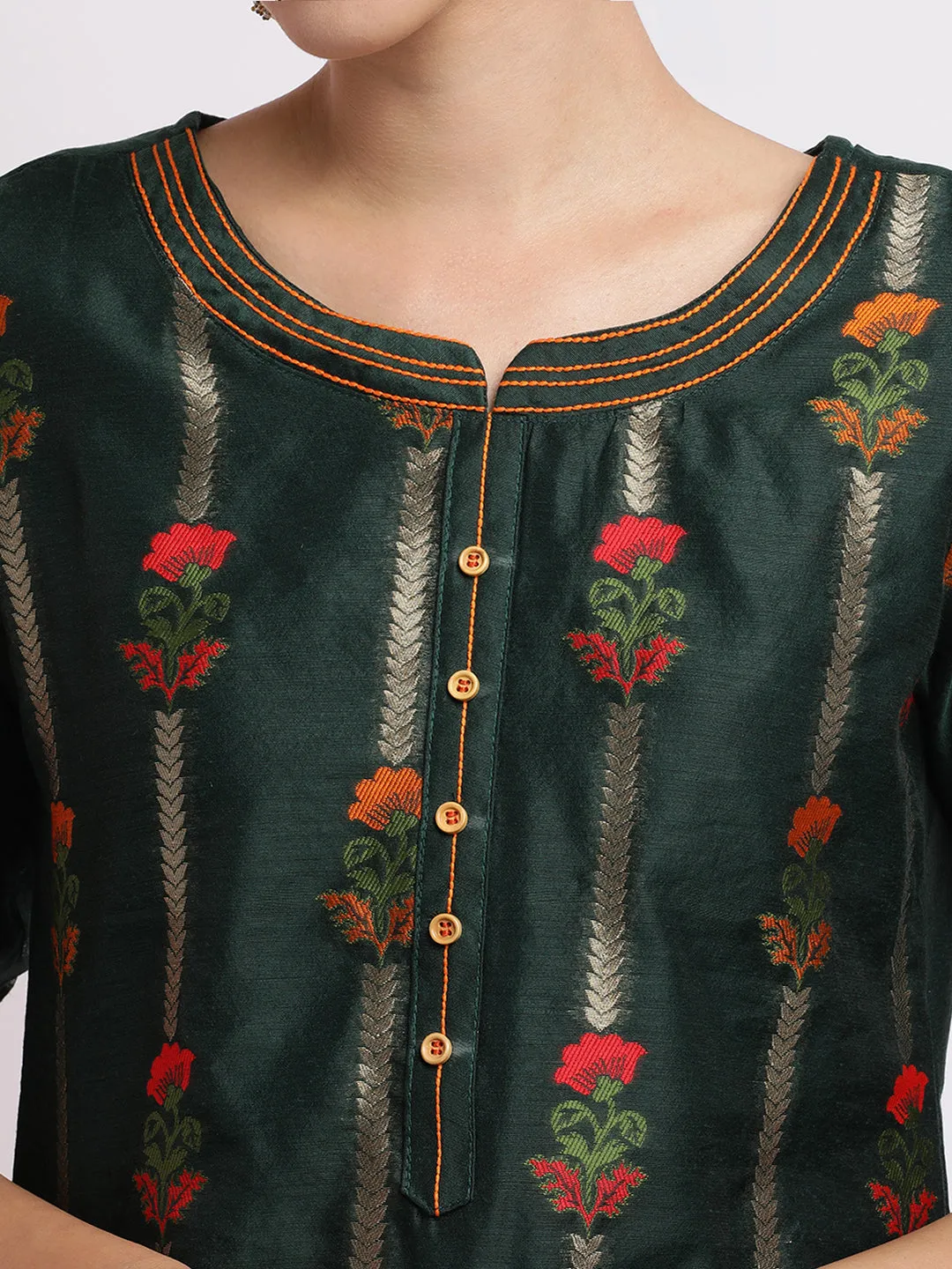 Beige Art Silk Embroidered Kurta Set With Dupatta