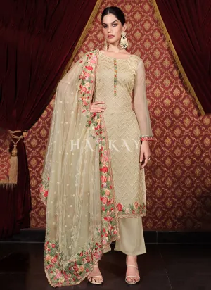 Beige Floral Embroidered Pakistani Suit