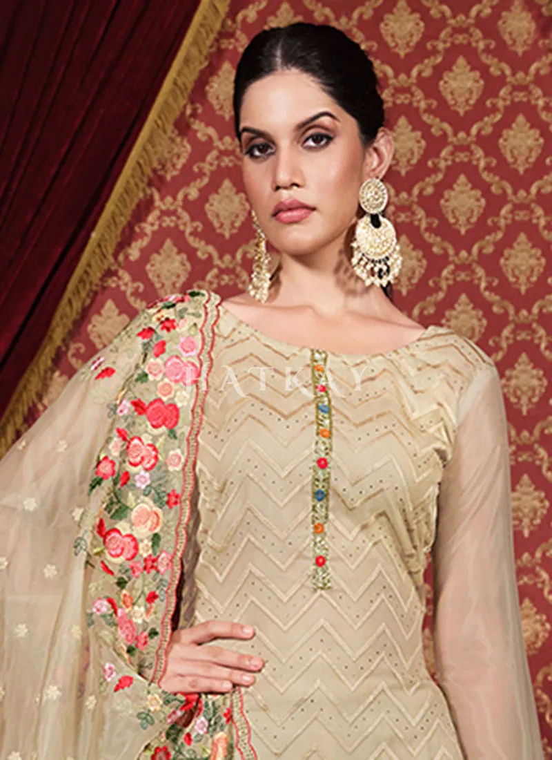 Beige Floral Embroidered Pakistani Suit