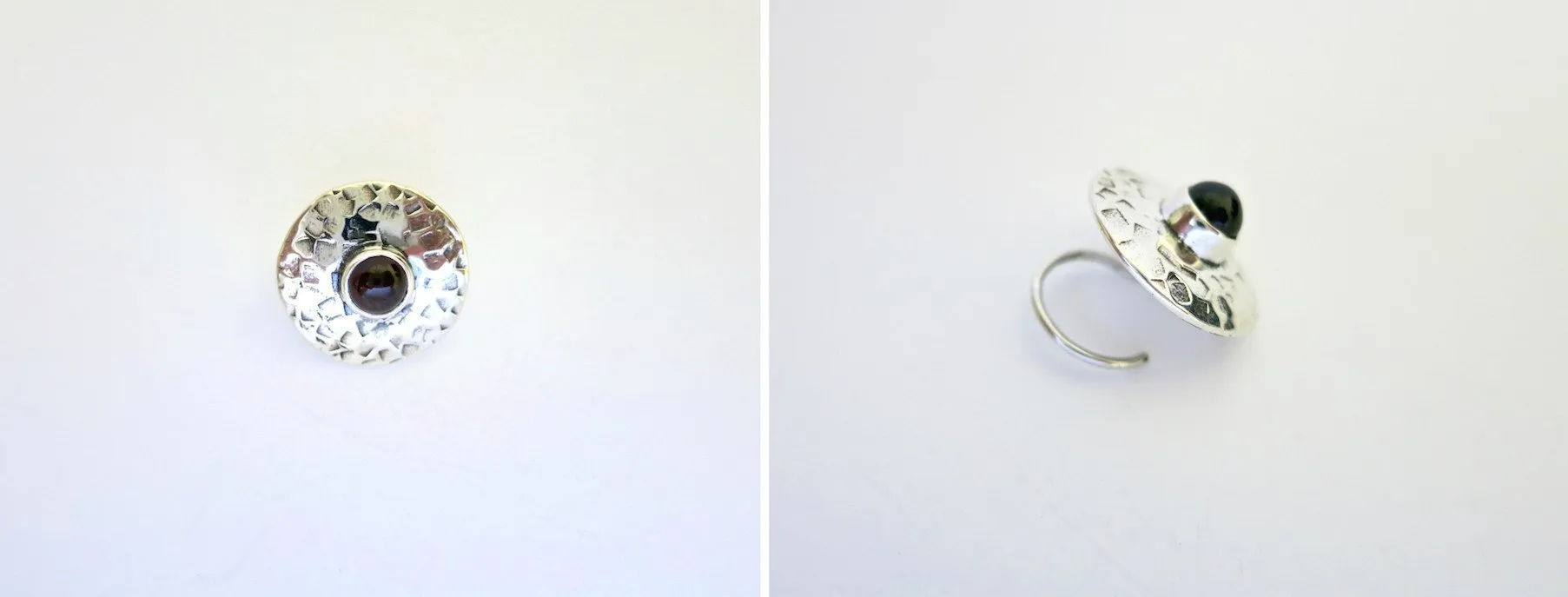Big, round, textured nose pin with garnet center