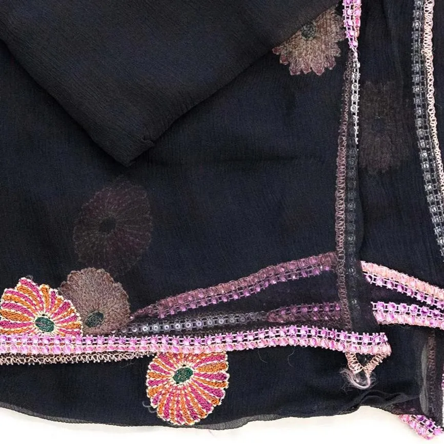 Black & Pink Floral Chiffon Dupatta - Scarf