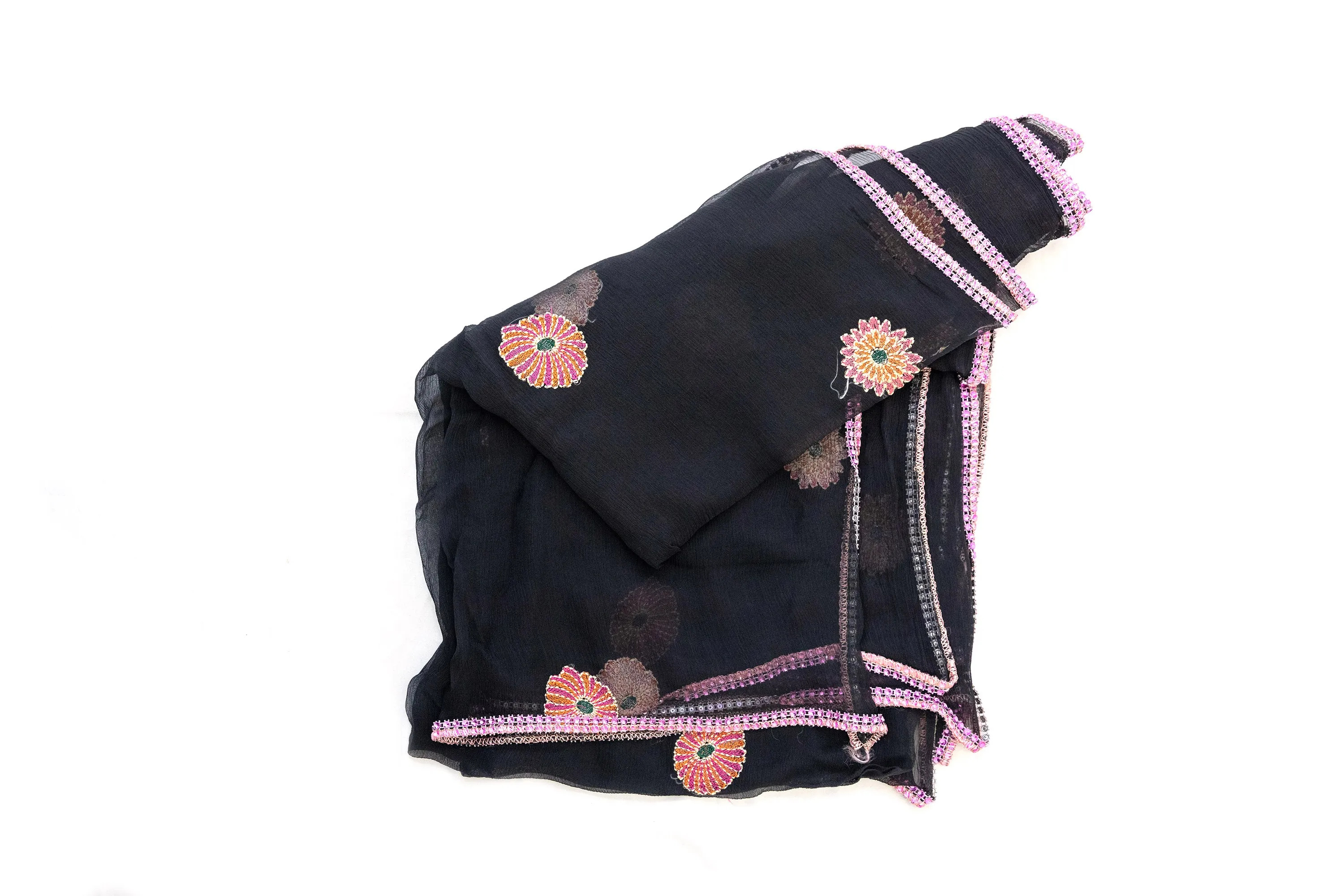 Black & Pink Floral Chiffon Dupatta - Scarf