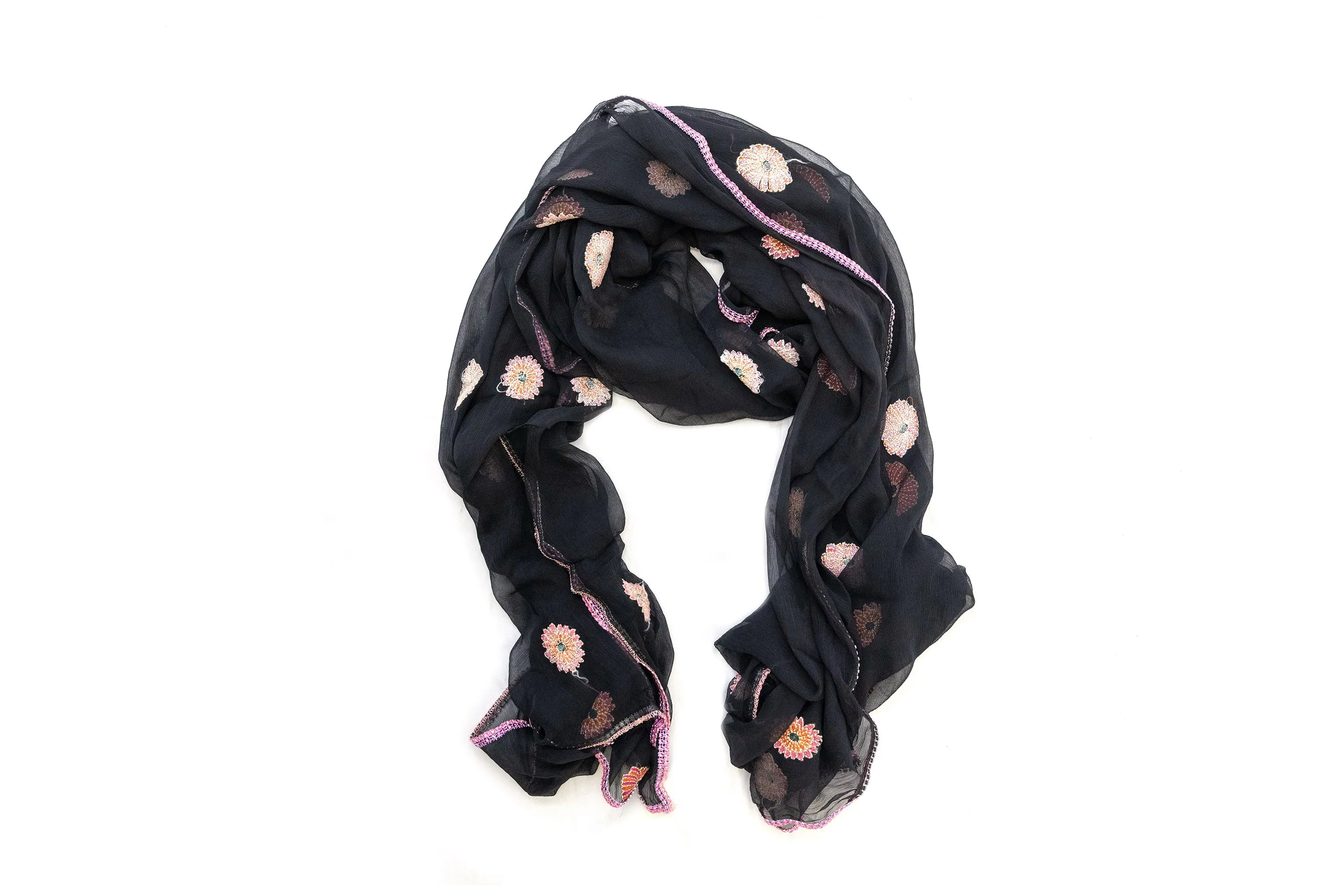 Black & Pink Floral Chiffon Dupatta - Scarf