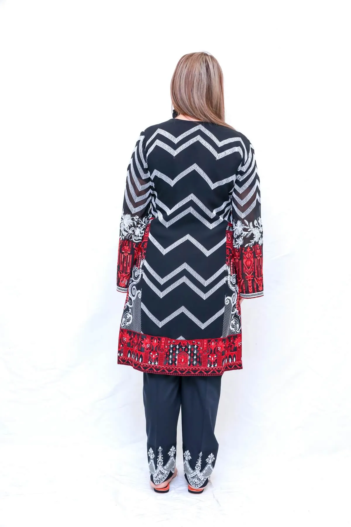 Black & Red Chiffon Indian Pakistani Salwar Kameez - Suit