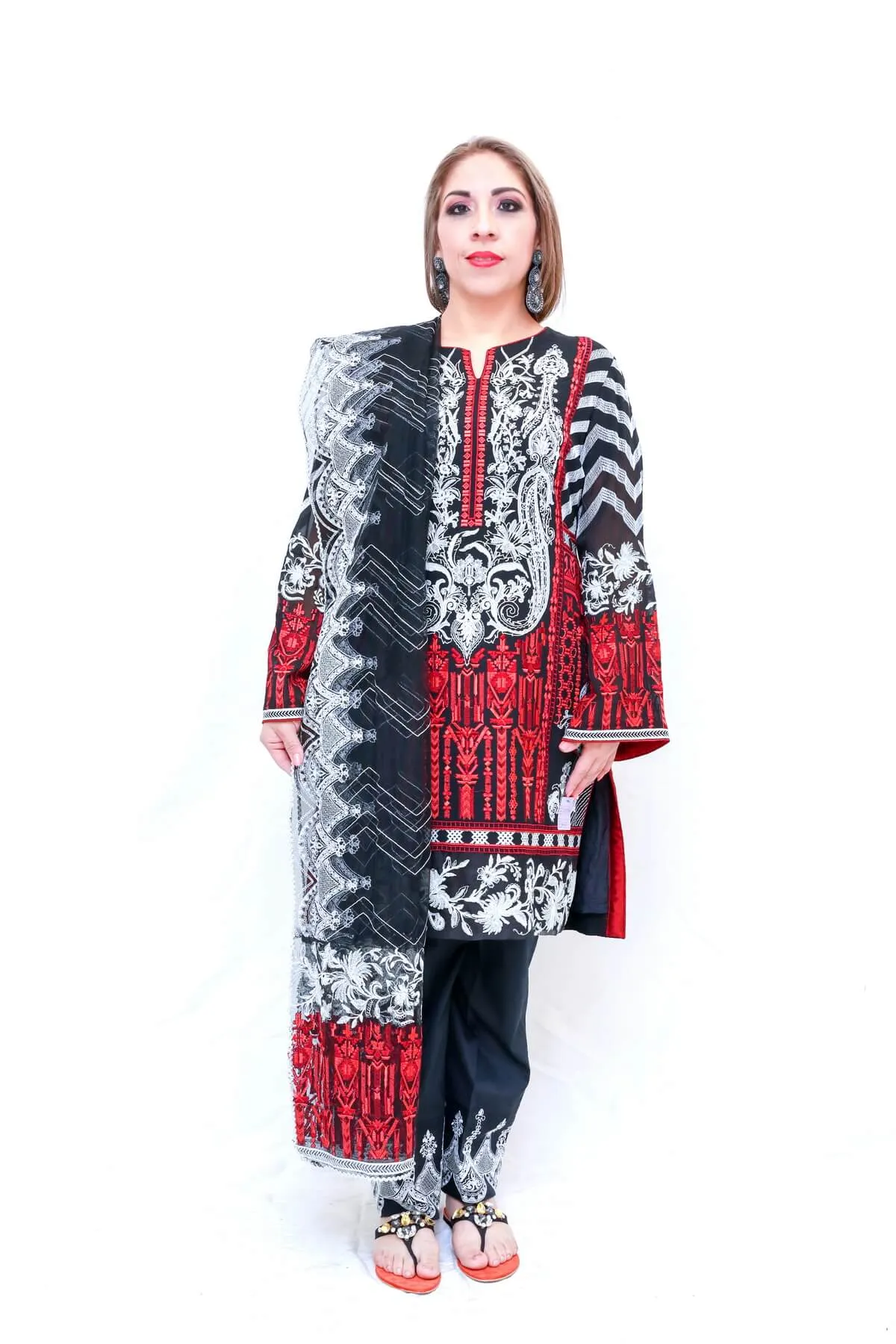Black & Red Chiffon Indian Pakistani Salwar Kameez - Suit