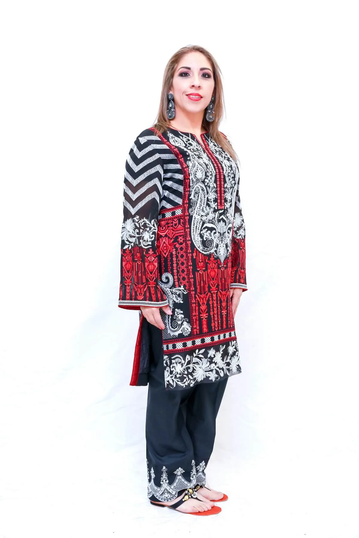 Black & Red Chiffon Indian Pakistani Salwar Kameez - Suit