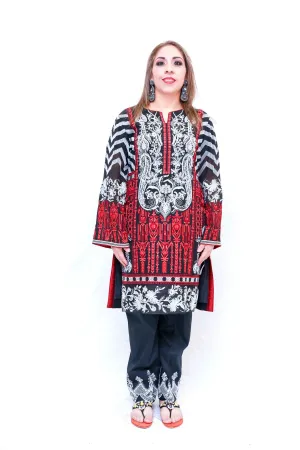 Black & Red Chiffon Indian Pakistani Salwar Kameez - Suit