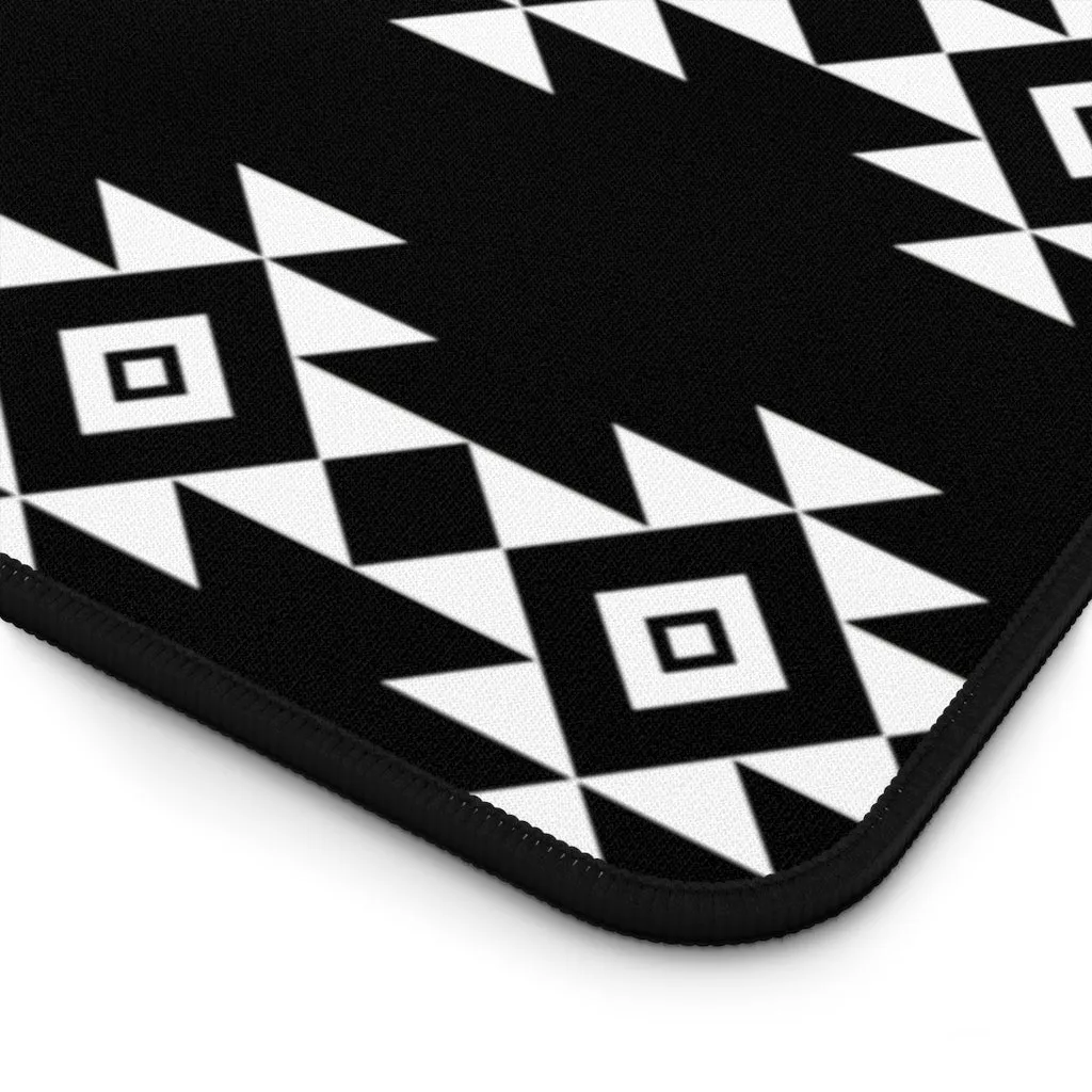 Black and White Desk Mat With White Tribal Design Ethnic Pattern