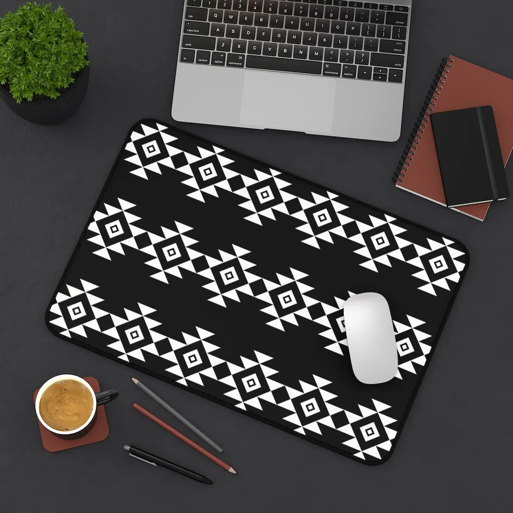 Black and White Desk Mat With White Tribal Design Ethnic Pattern