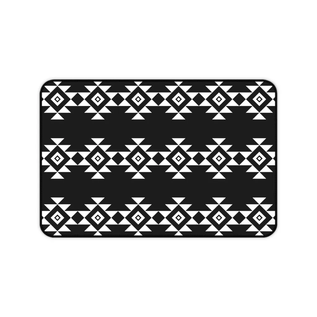 Black and White Desk Mat With White Tribal Design Ethnic Pattern