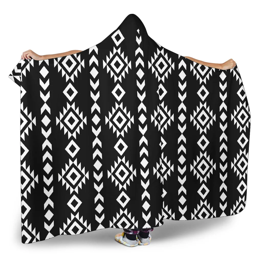 Black and White Ethnic Pattern Tribal Hooded Blanket With Sherpa Lining