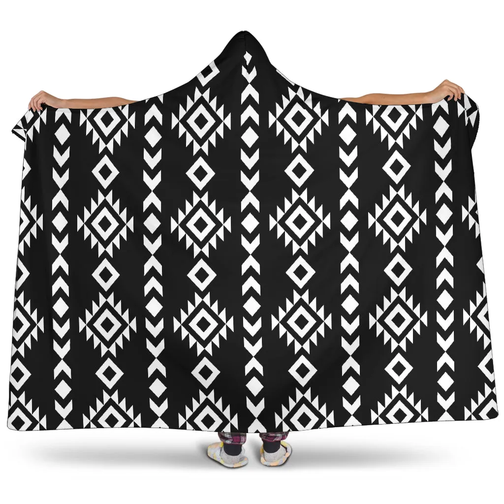 Black and White Ethnic Pattern Tribal Hooded Blanket With Sherpa Lining
