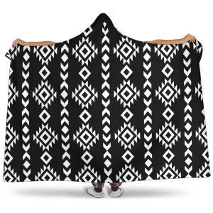 Black and White Ethnic Pattern Tribal Hooded Blanket With Sherpa Lining