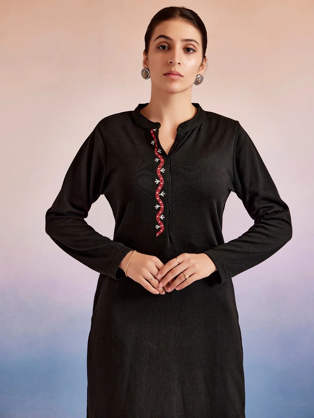 Black Embroidered Straight Woolen Kurta
