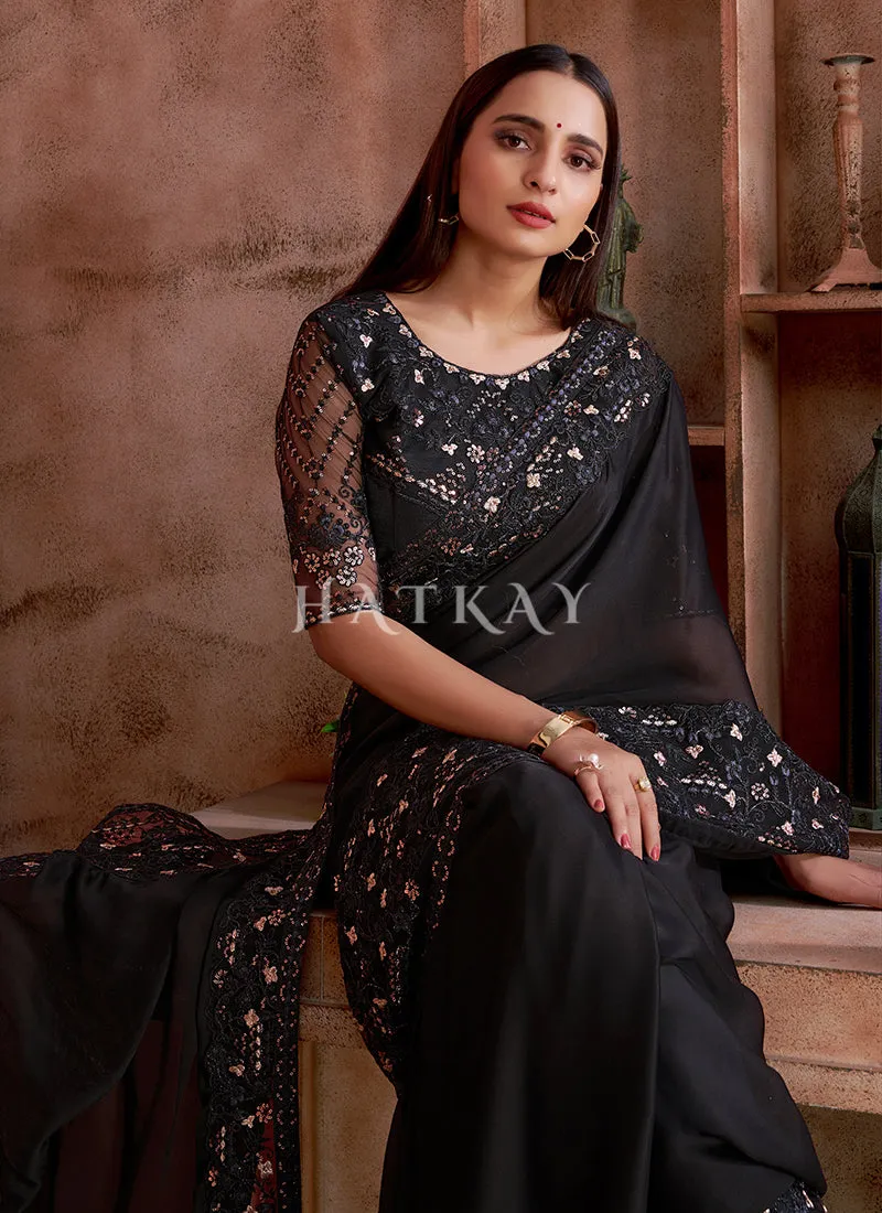 Black Embroidered Wedding Wear Indian Saree