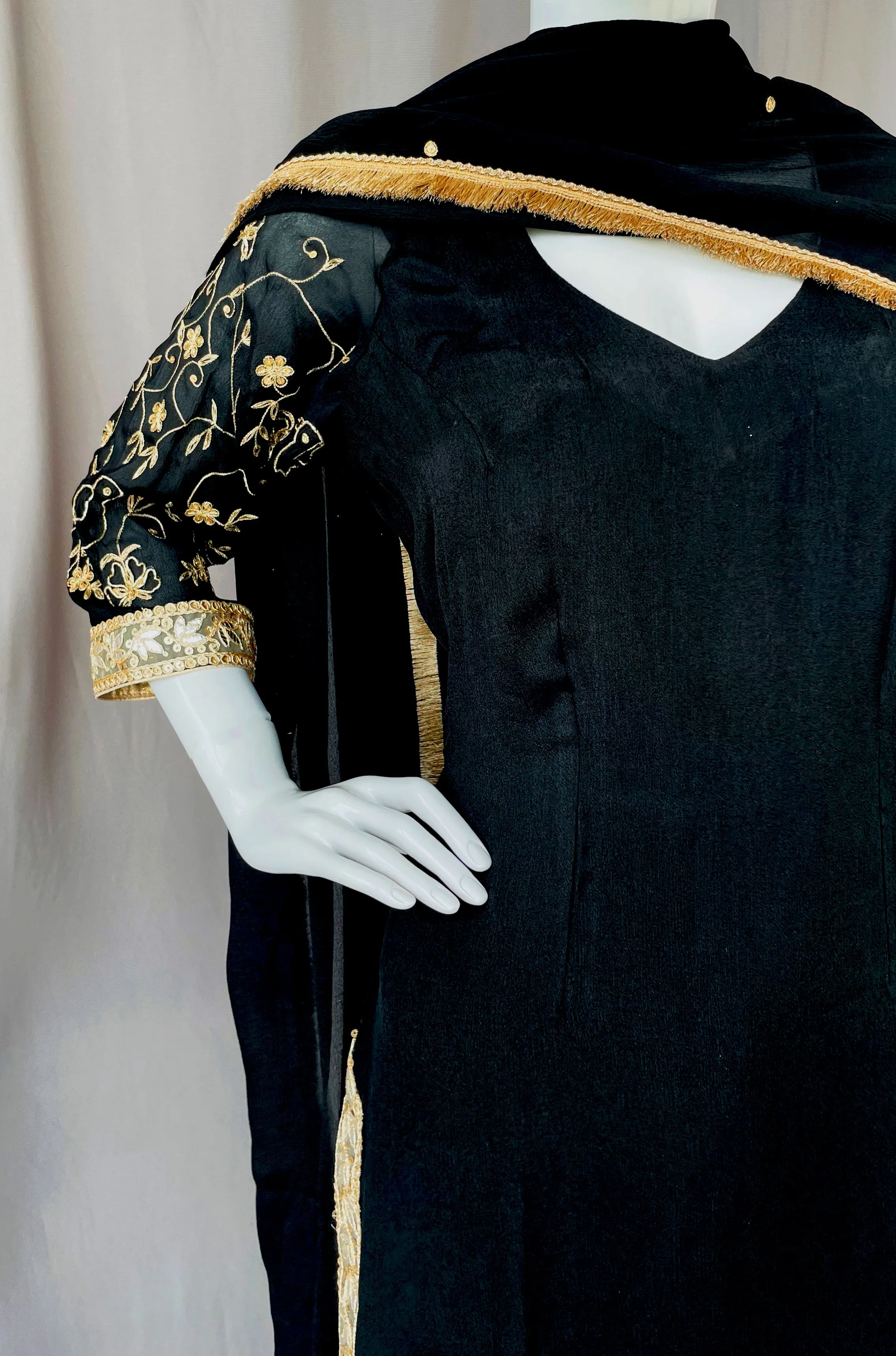 Black Pure Chinon Gharara Suit with Golden Border and Dupatta 45AL23SU50