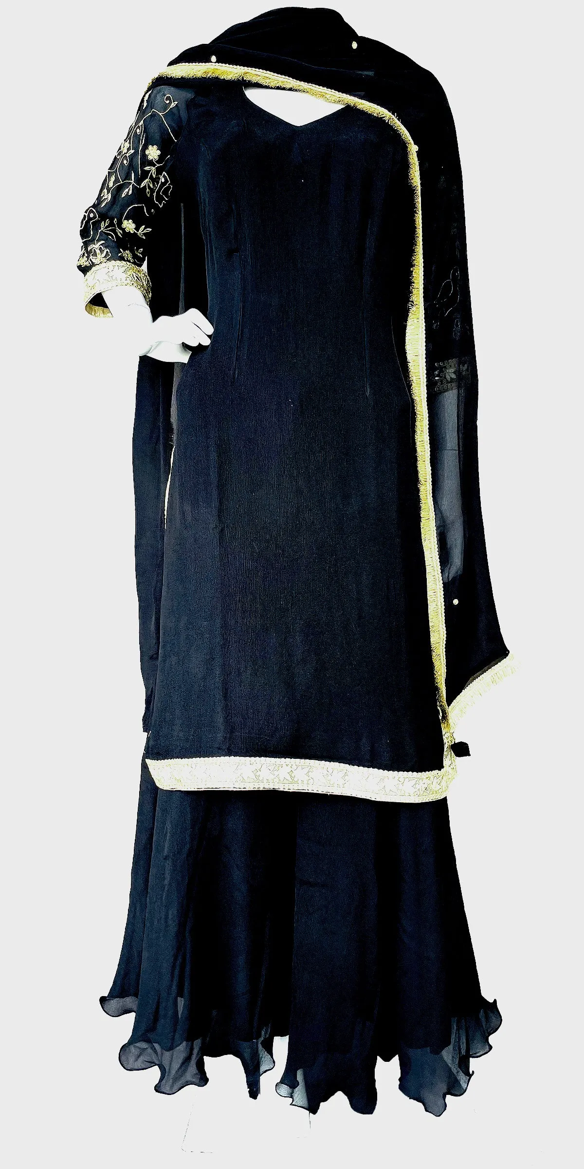 Black Pure Chinon Gharara Suit with Golden Border and Dupatta 45AL23SU50