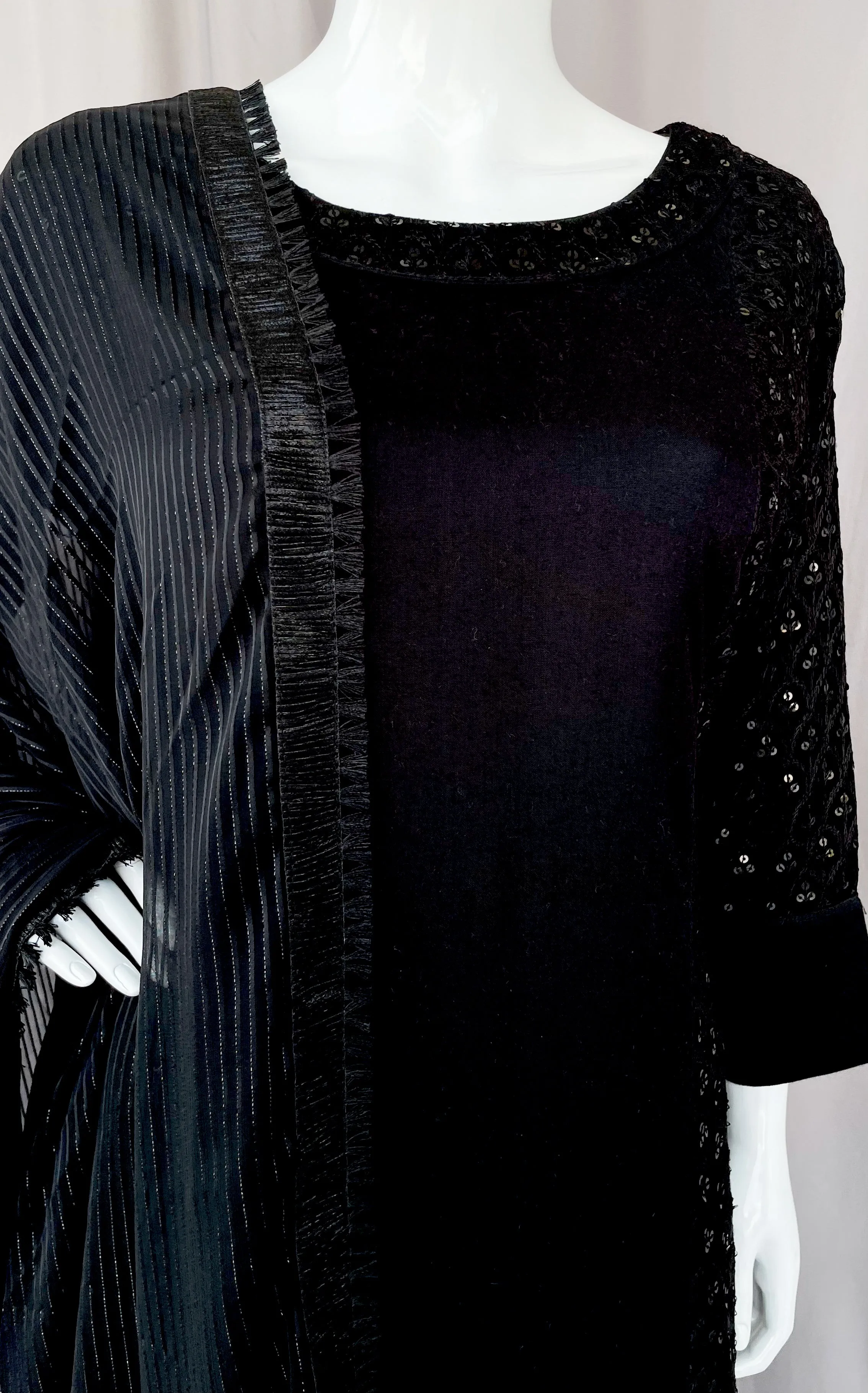 Black Rayon Sequins Sharara Suit with Hand Embroidery