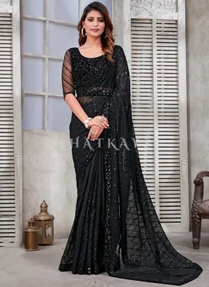 Black Sequence Embroidery Organza Silk Saree With Belt