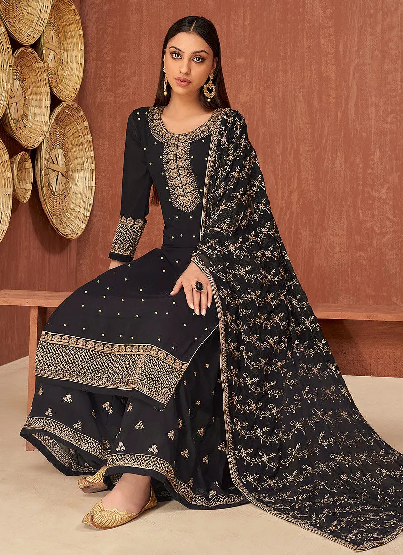 Black Traditional Embroidered Partywear Palazzo Suit