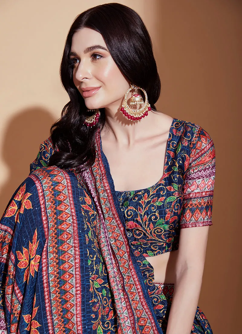 Blue And Red Crochet Embellished Digital Printed Lehenga Choli