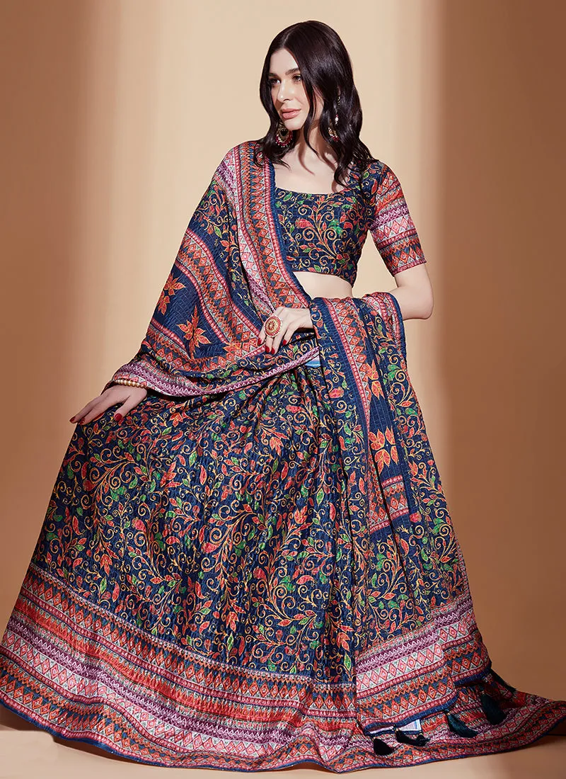 Blue And Red Crochet Embellished Digital Printed Lehenga Choli