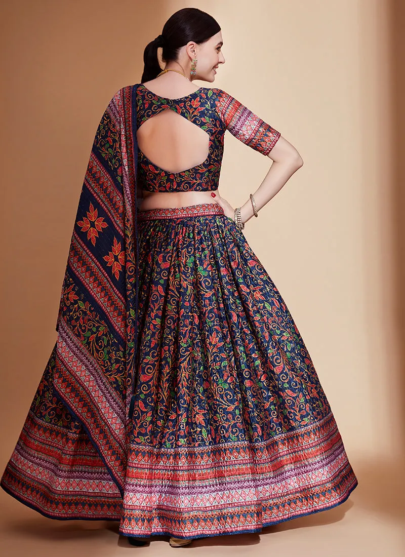 Blue And Red Crochet Embellished Digital Printed Lehenga Choli